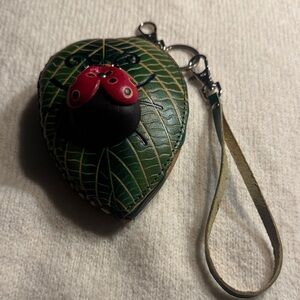 Leaf-Shaped Wristlet w /Keychain with Ladybug Design